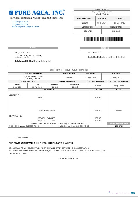 Download Belarus Pure Aqua Inc business utility bill Word and PDF template Photoshop template